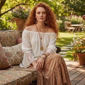 Rock 47 Wrangler Off White Feminine Lace Puffy Bell Sleeve Off Shoulder Top Sz S